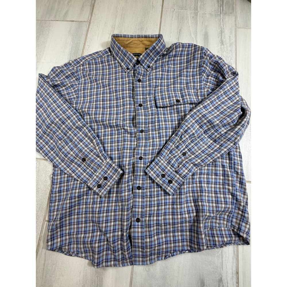Orvis Mens XL Classic Fit Cotton Flannel Plaid Button Down Shirt Blue Brown 183Z